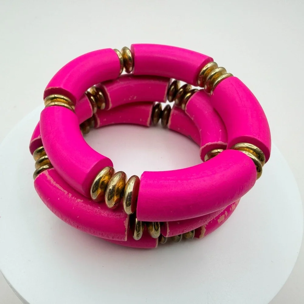 Vintage 90s Hot Pink Tube Beaded‎ Stretch Bracelet Set 3pc Gold Tone Jewelry